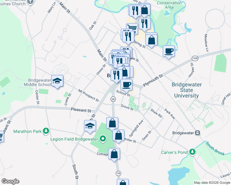 map of restaurants, bars, coffee shops, grocery stores, and more near 15 Cedar Street in Bridgewater