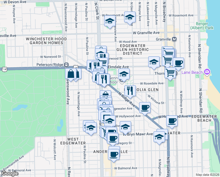 map of restaurants, bars, coffee shops, grocery stores, and more near 1535 West Ardmore Avenue in Chicago