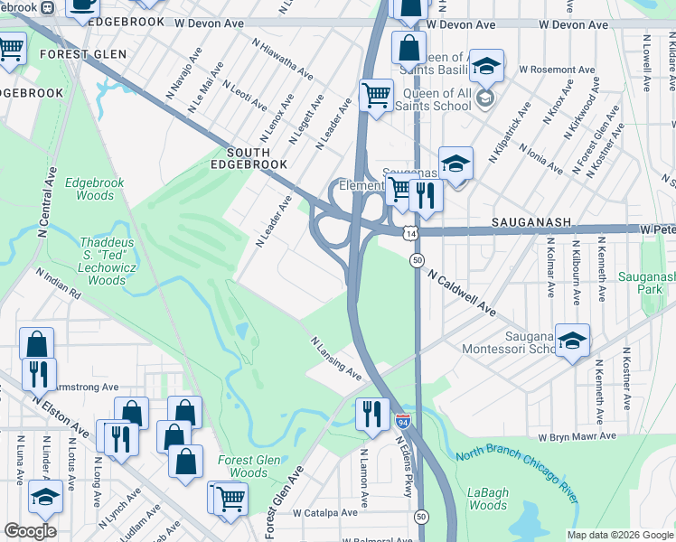 map of restaurants, bars, coffee shops, grocery stores, and more near 5819 North Louise Avenue in Chicago