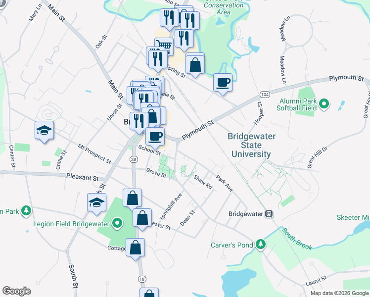 map of restaurants, bars, coffee shops, grocery stores, and more near 4 Park Avenue in Bridgewater