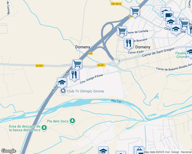 map of restaurants, bars, coffee shops, grocery stores, and more near 3 Carretera Antiga d'Amer in Girona