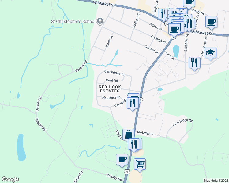 map of restaurants, bars, coffee shops, grocery stores, and more near 3 Hamilton Drive in Red Hook