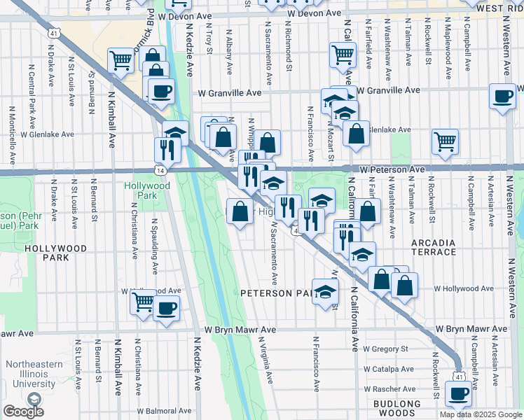 map of restaurants, bars, coffee shops, grocery stores, and more near 5924 North Lincoln Avenue in Chicago