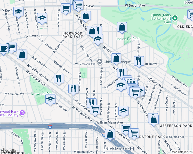 map of restaurants, bars, coffee shops, grocery stores, and more near 5852 North Melvina Avenue in Chicago