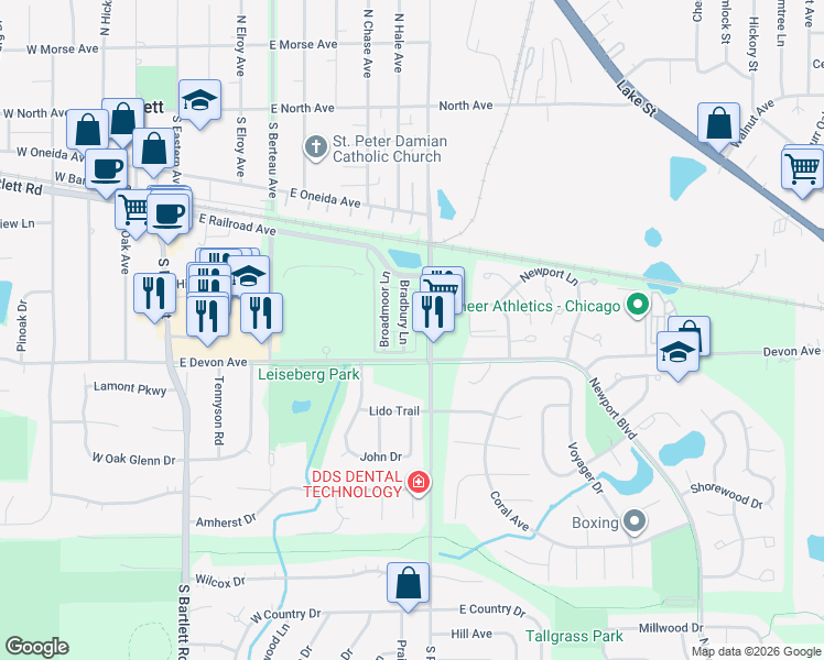 map of restaurants, bars, coffee shops, grocery stores, and more near 394 South Prospect Avenue in Bartlett
