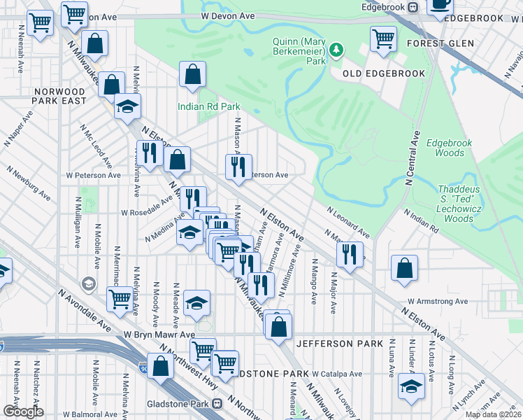 map of restaurants, bars, coffee shops, grocery stores, and more near 5854 North Markham Avenue in Chicago