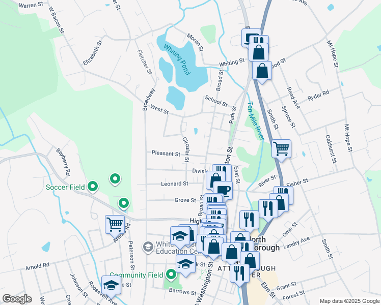 map of restaurants, bars, coffee shops, grocery stores, and more near 37 Circular Street in North Attleborough