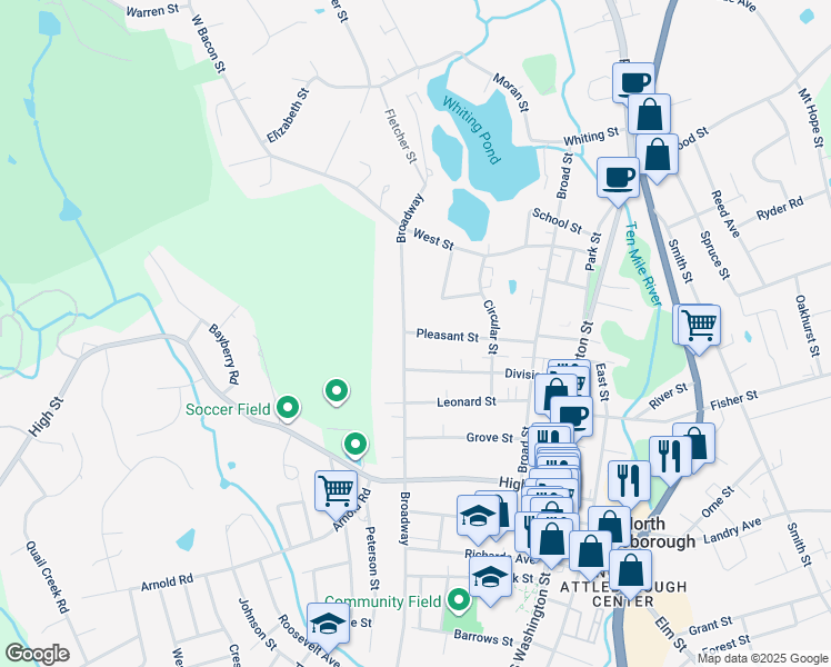 map of restaurants, bars, coffee shops, grocery stores, and more near 111 Division Street in North Attleborough