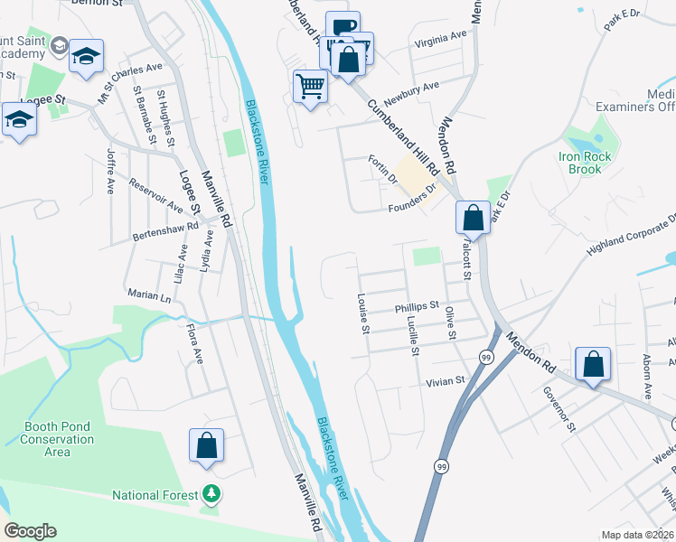 map of restaurants, bars, coffee shops, grocery stores, and more near 65 Louise Street in Woonsocket