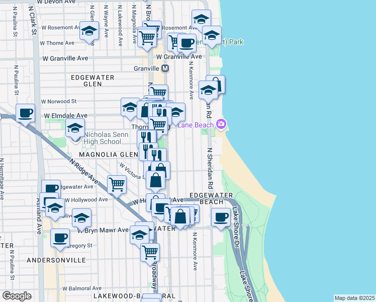 map of restaurants, bars, coffee shops, grocery stores, and more near 5822 North Kenmore Avenue in Chicago