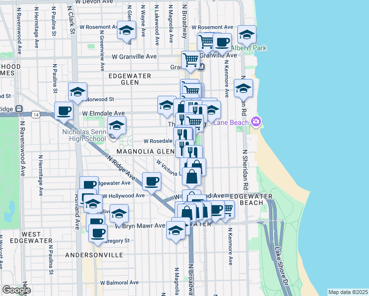 map of restaurants, bars, coffee shops, grocery stores, and more near 5839 North Broadway in Chicago