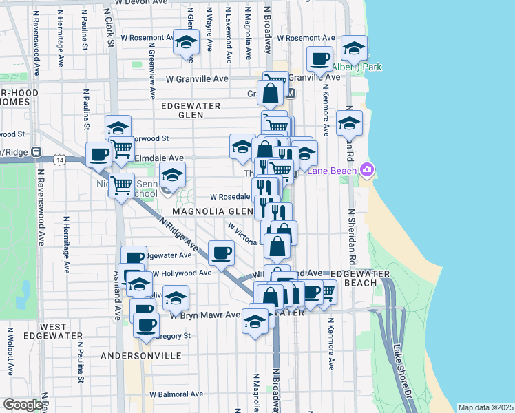 map of restaurants, bars, coffee shops, grocery stores, and more near 5833 North Magnolia Avenue in Chicago