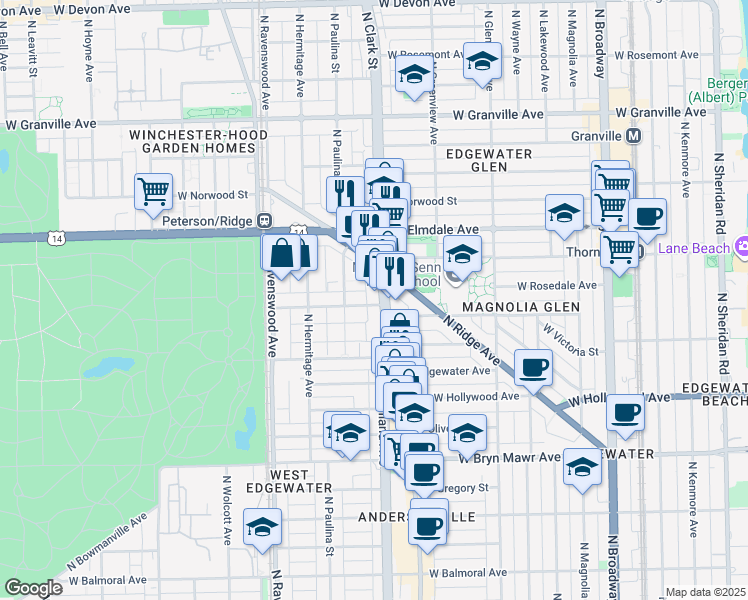 map of restaurants, bars, coffee shops, grocery stores, and more near 1617 West Thorndale Avenue in Chicago
