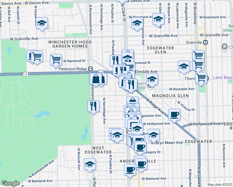 map of restaurants, bars, coffee shops, grocery stores, and more near 1711 West Thorndale Avenue in Chicago