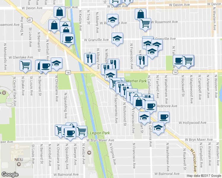 map of restaurants, bars, coffee shops, grocery stores, and more near 5843 North Whipple Street in Chicago
