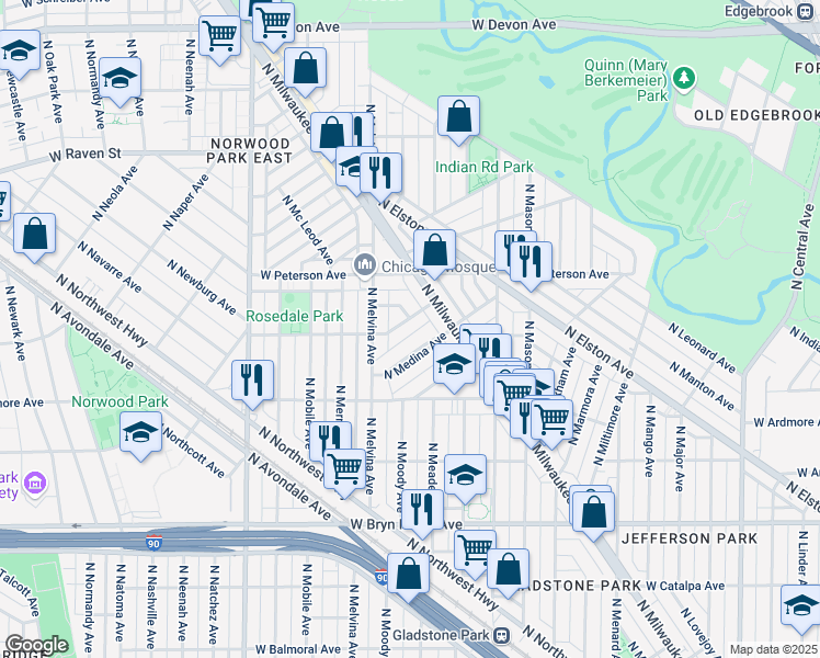 map of restaurants, bars, coffee shops, grocery stores, and more near 5842 North Medina Avenue in Chicago