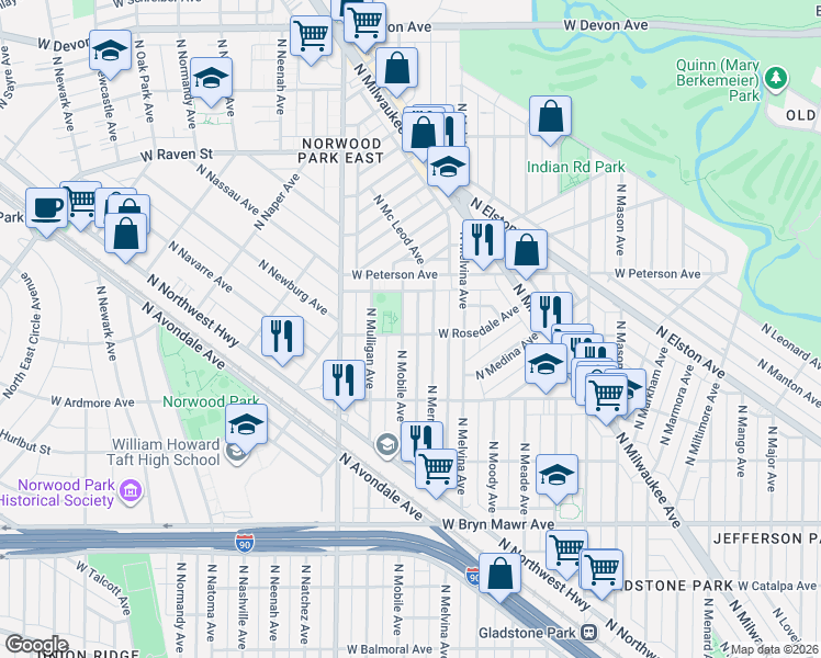 map of restaurants, bars, coffee shops, grocery stores, and more near 5850 North Merrimac Avenue in Chicago