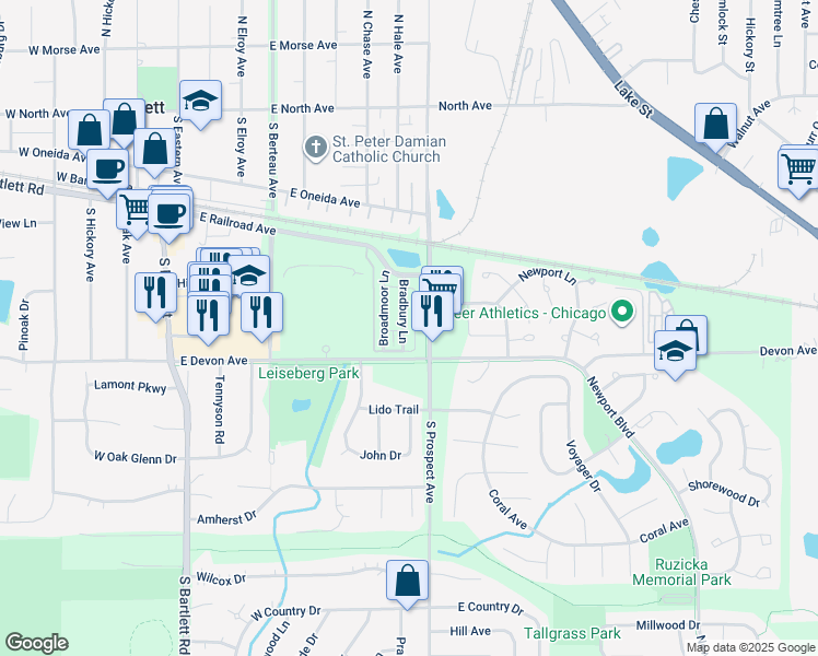 map of restaurants, bars, coffee shops, grocery stores, and more near 394 South Prospect Avenue in Bartlett