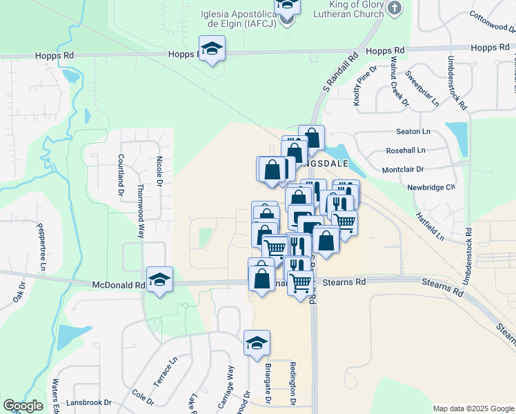 map of restaurants, bars, coffee shops, grocery stores, and more near 350 Randall Road in South Elgin