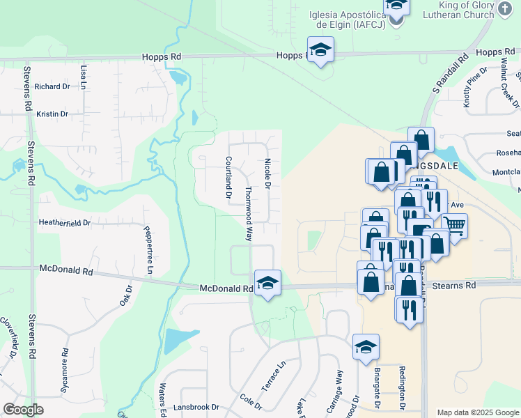 map of restaurants, bars, coffee shops, grocery stores, and more near 355A Thornwood Way in South Elgin