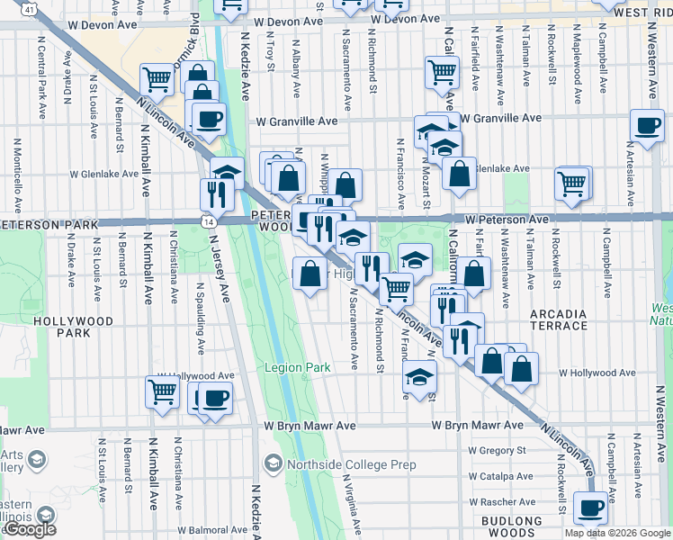 map of restaurants, bars, coffee shops, grocery stores, and more near 5924 North Lincoln Avenue in Chicago