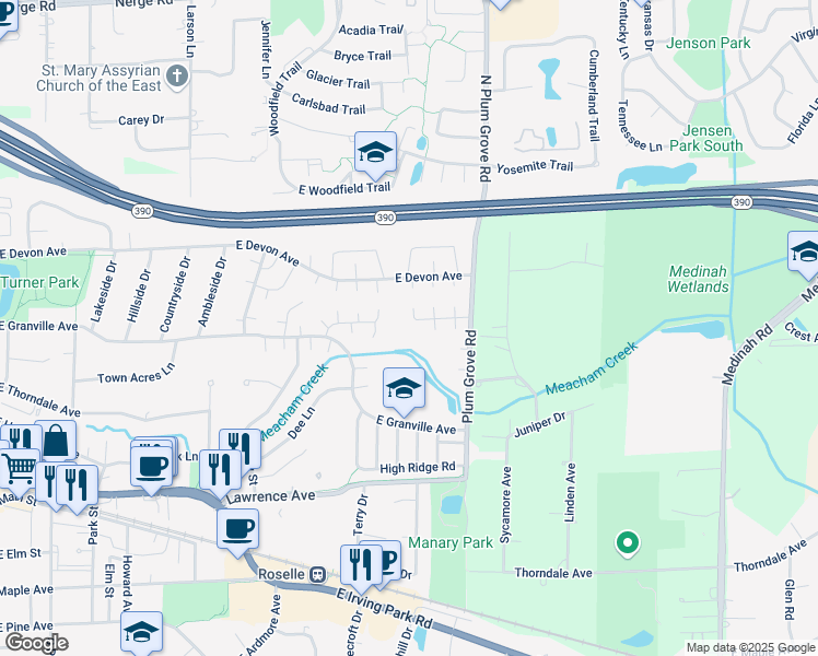 map of restaurants, bars, coffee shops, grocery stores, and more near 705 Parkview Court in Roselle
