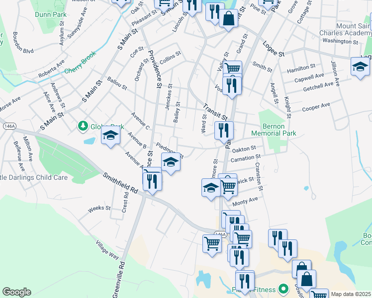 map of restaurants, bars, coffee shops, grocery stores, and more near 179 Piedmont Street in Woonsocket