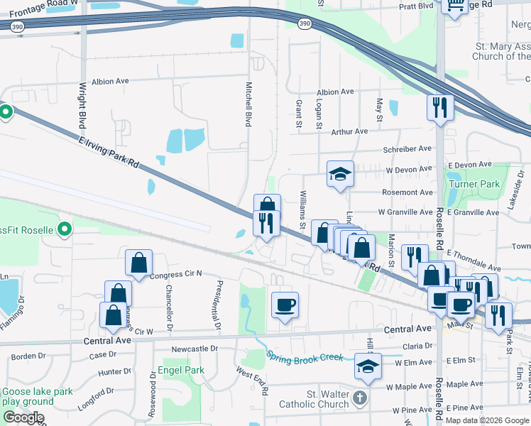 map of restaurants, bars, coffee shops, grocery stores, and more near 425 West Irving Park Road in Roselle