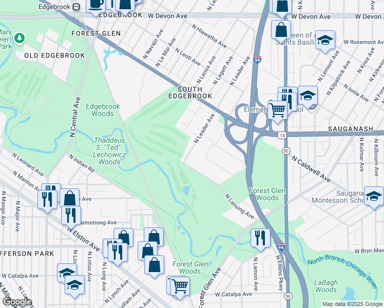 map of restaurants, bars, coffee shops, grocery stores, and more near 5923 North Leader Avenue in Chicago