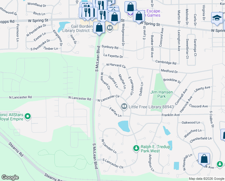 map of restaurants, bars, coffee shops, grocery stores, and more near 317 West Harvard Circle in South Elgin