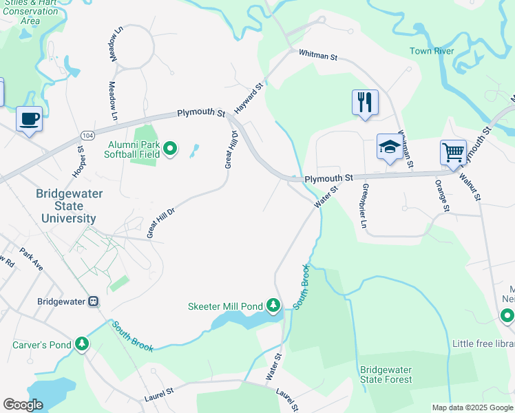 map of restaurants, bars, coffee shops, grocery stores, and more near 55 Edgehill Drive in Bridgewater