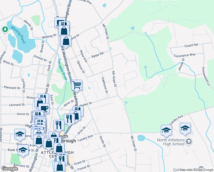 map of restaurants, bars, coffee shops, grocery stores, and more near 25 Oakhurst Street in North Attleborough
