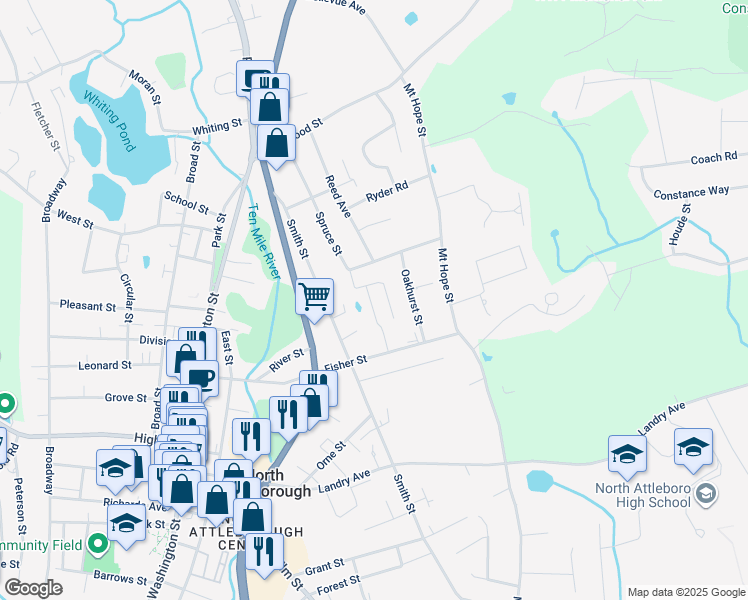 map of restaurants, bars, coffee shops, grocery stores, and more near 16 Ba Drive in North Attleborough