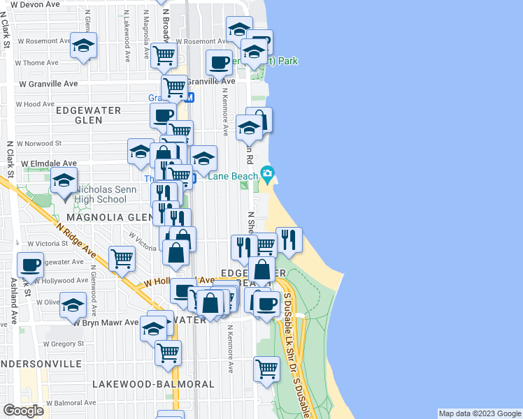 map of restaurants, bars, coffee shops, grocery stores, and more near 5818 North Sheridan Road in Chicago