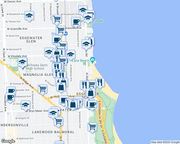 map of restaurants, bars, coffee shops, grocery stores, and more near in Chicago