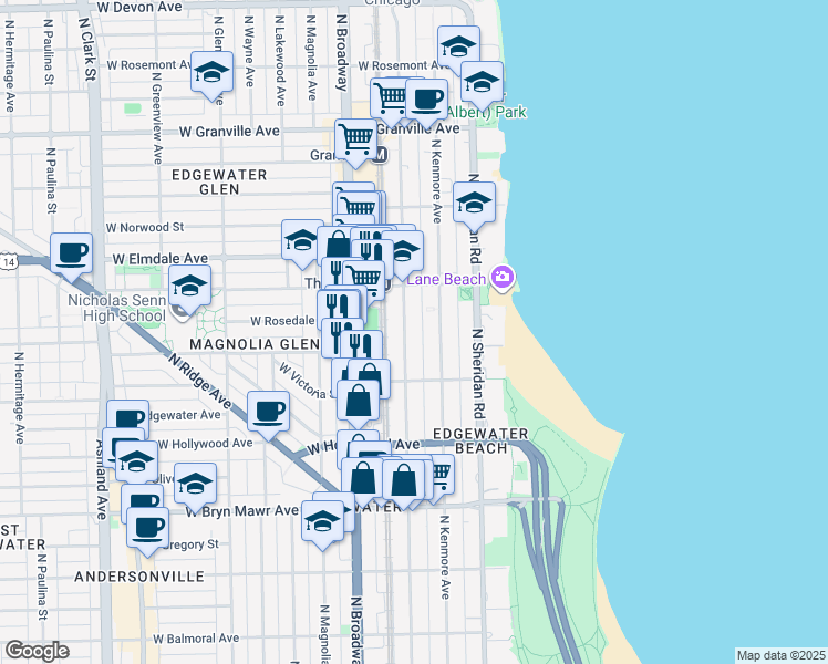 map of restaurants, bars, coffee shops, grocery stores, and more near 5822 North Winthrop Avenue in Chicago
