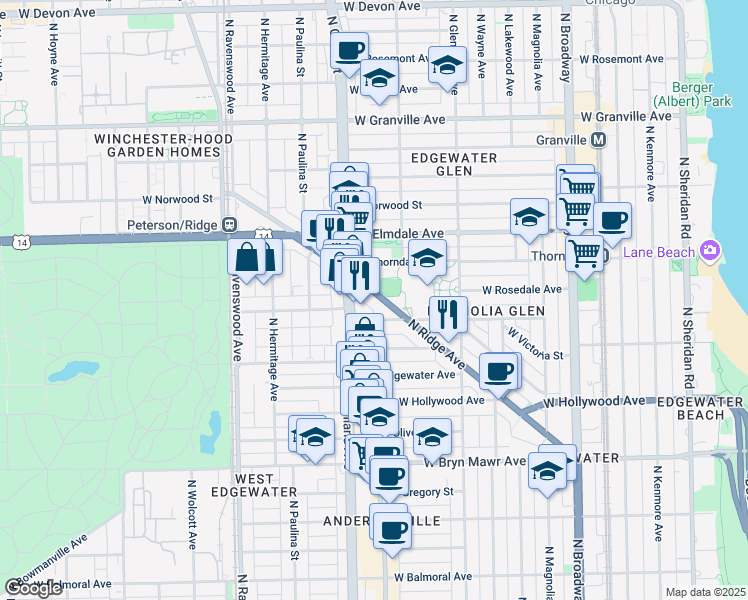 map of restaurants, bars, coffee shops, grocery stores, and more near 1535 West Ardmore Avenue in Chicago