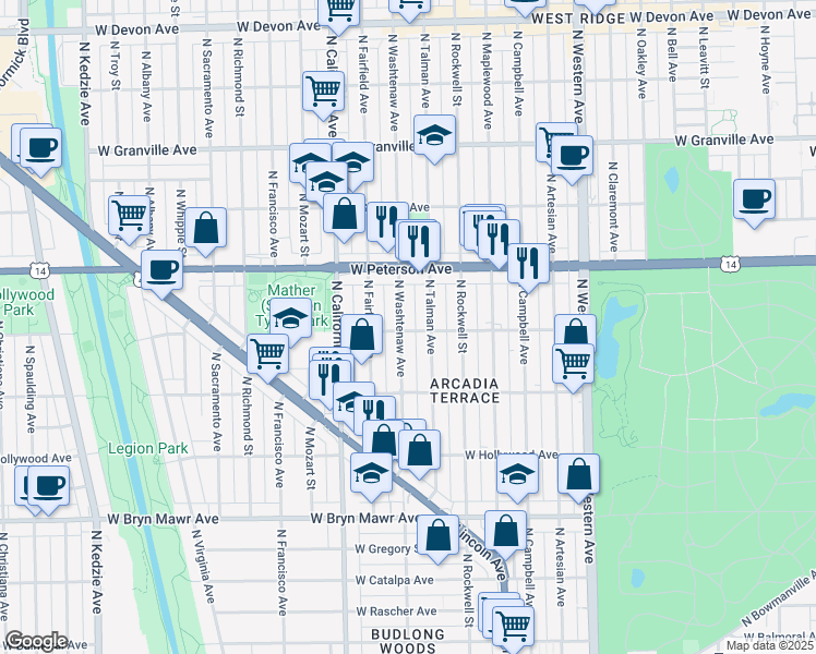 map of restaurants, bars, coffee shops, grocery stores, and more near 5840 North Talman Avenue in Chicago