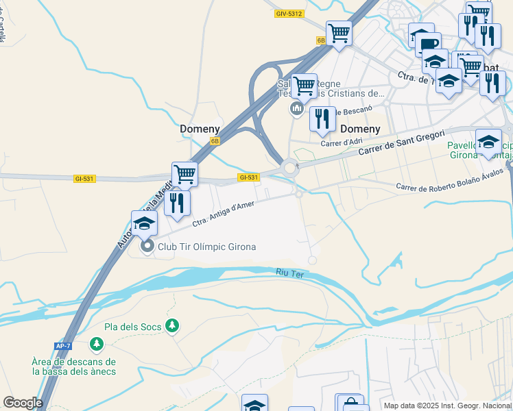 map of restaurants, bars, coffee shops, grocery stores, and more near 3 Carretera Antiga d'Amer in Girona