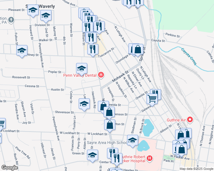 map of restaurants, bars, coffee shops, grocery stores, and more near 125 Iroquois St in Sayre