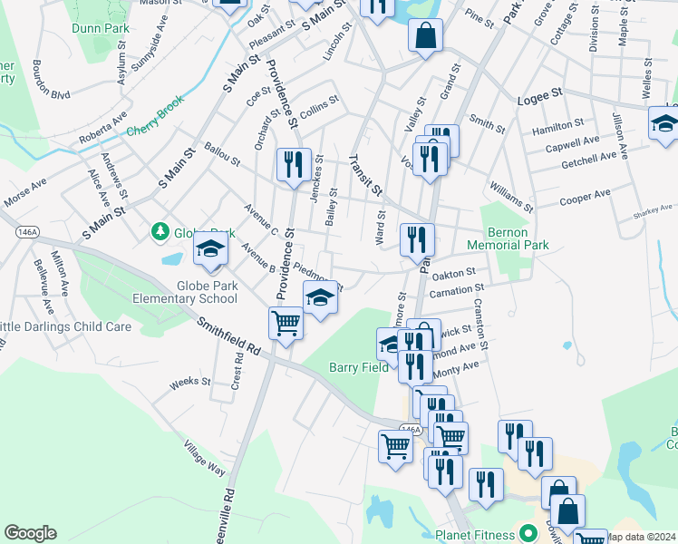 map of restaurants, bars, coffee shops, grocery stores, and more near 25 Foster Street in Woonsocket