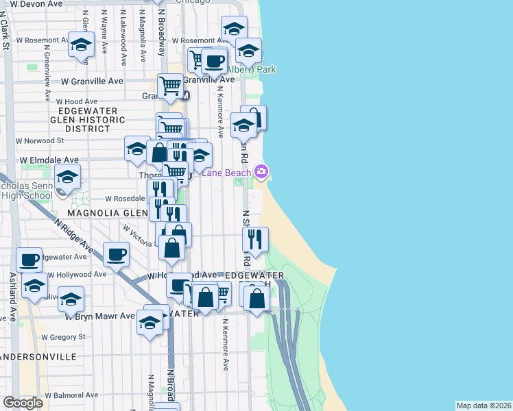 map of restaurants, bars, coffee shops, grocery stores, and more near 5818 North Sheridan Road in Chicago