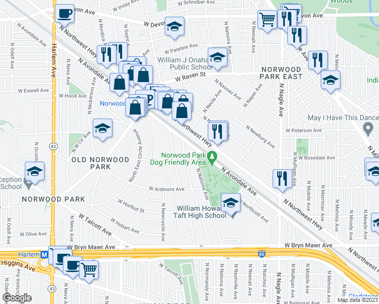 map of restaurants, bars, coffee shops, grocery stores, and more near 6714 West Thorndale Avenue in Chicago