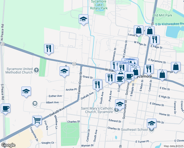 map of restaurants, bars, coffee shops, grocery stores, and more near 594 West State Street in Sycamore