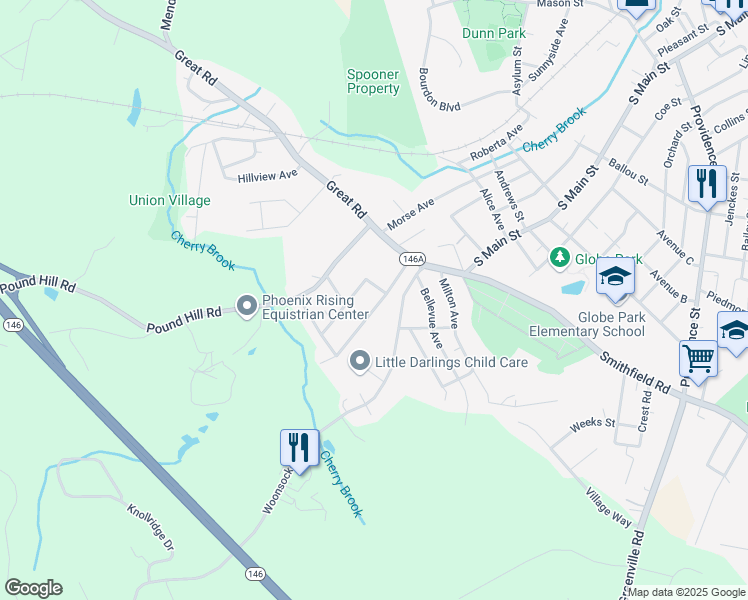 map of restaurants, bars, coffee shops, grocery stores, and more near 45 Homestead Avenue in North Smithfield