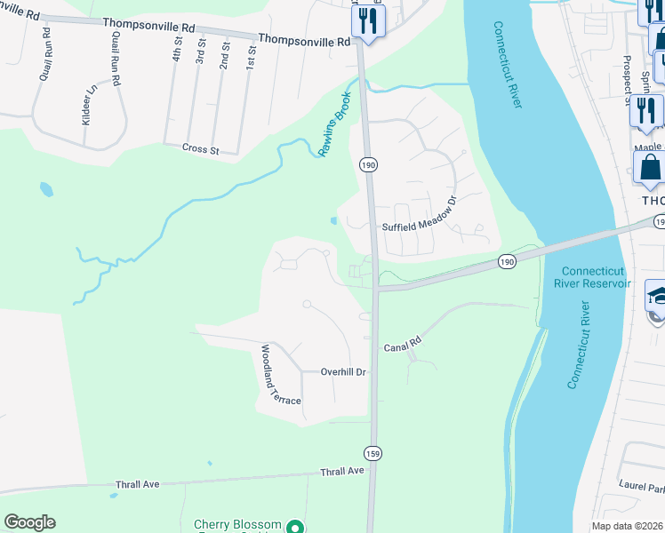 map of restaurants, bars, coffee shops, grocery stores, and more near 6 Greendale Drive in Suffield