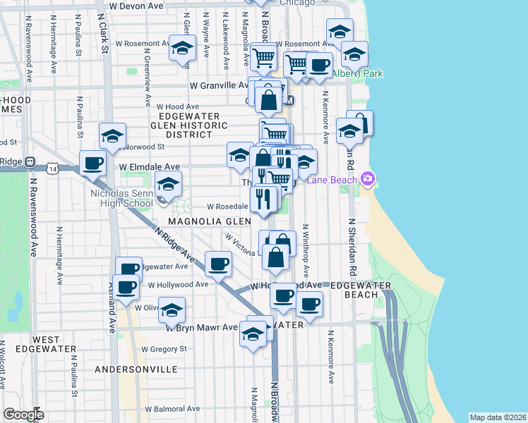 map of restaurants, bars, coffee shops, grocery stores, and more near in Chicago