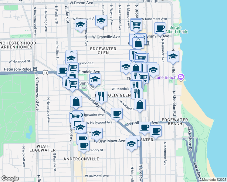 map of restaurants, bars, coffee shops, grocery stores, and more near 1356 West Thorndale Avenue in Chicago