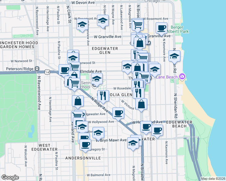 map of restaurants, bars, coffee shops, grocery stores, and more near 1356 West Thorndale Avenue in Chicago