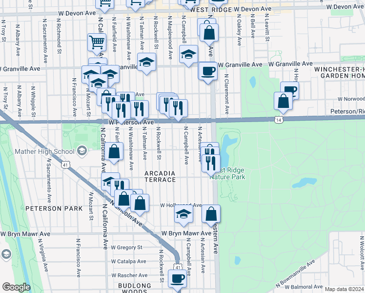 map of restaurants, bars, coffee shops, grocery stores, and more near 5929 North Maplewood Avenue in Chicago